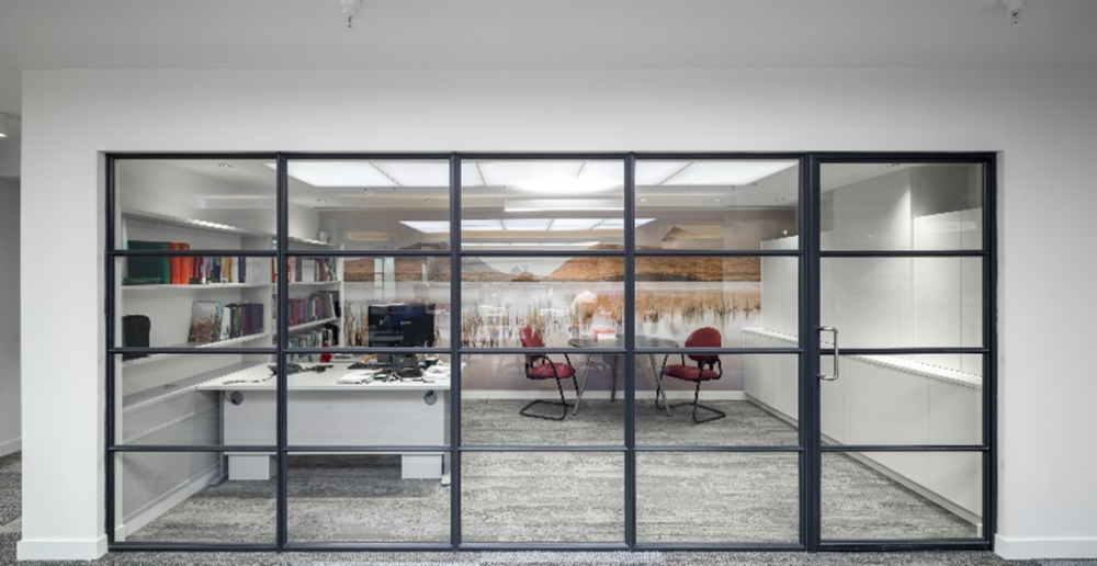 An image of a steel framed screen and door in a modern office setting